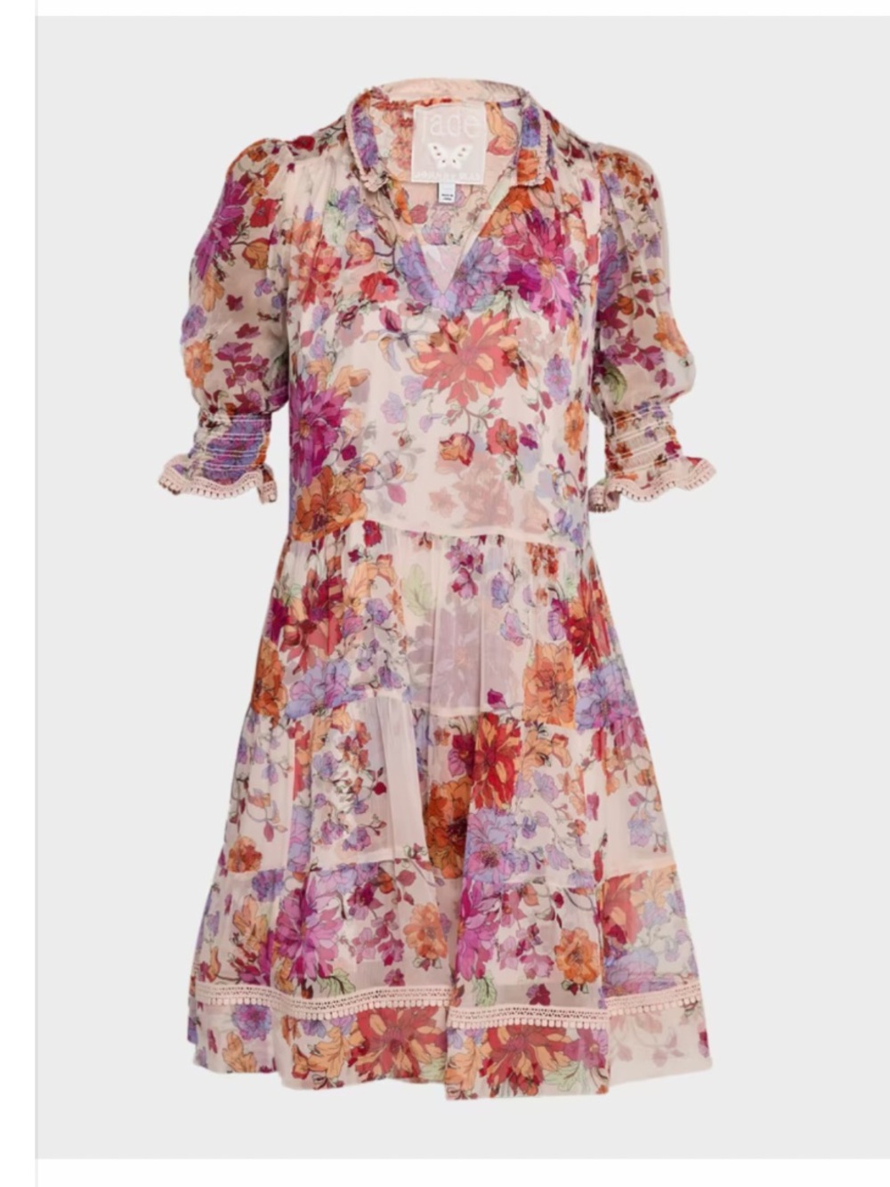 Johnny Was Pink Purple Floral Tiered Puff-Sleeve Midi Dress